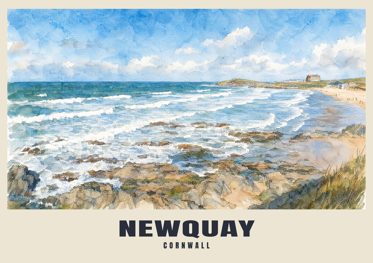 Newquay English Watercolour art print with NEWQUAY and CORNWALL name band