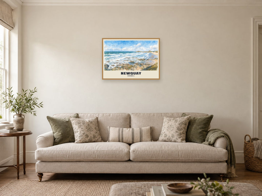 Newquay named English Watercolour print at A2, in a natural wood frame, in a sitting room
