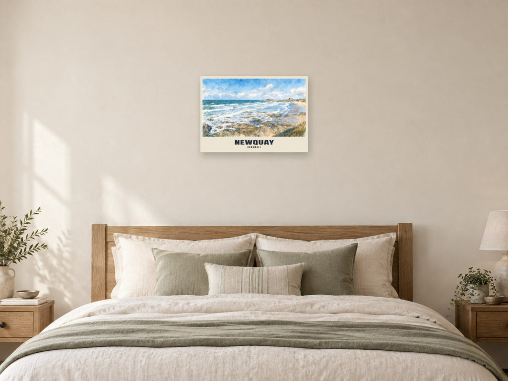 Newquay named English Watercolour print at A2, as a poster, above a bed