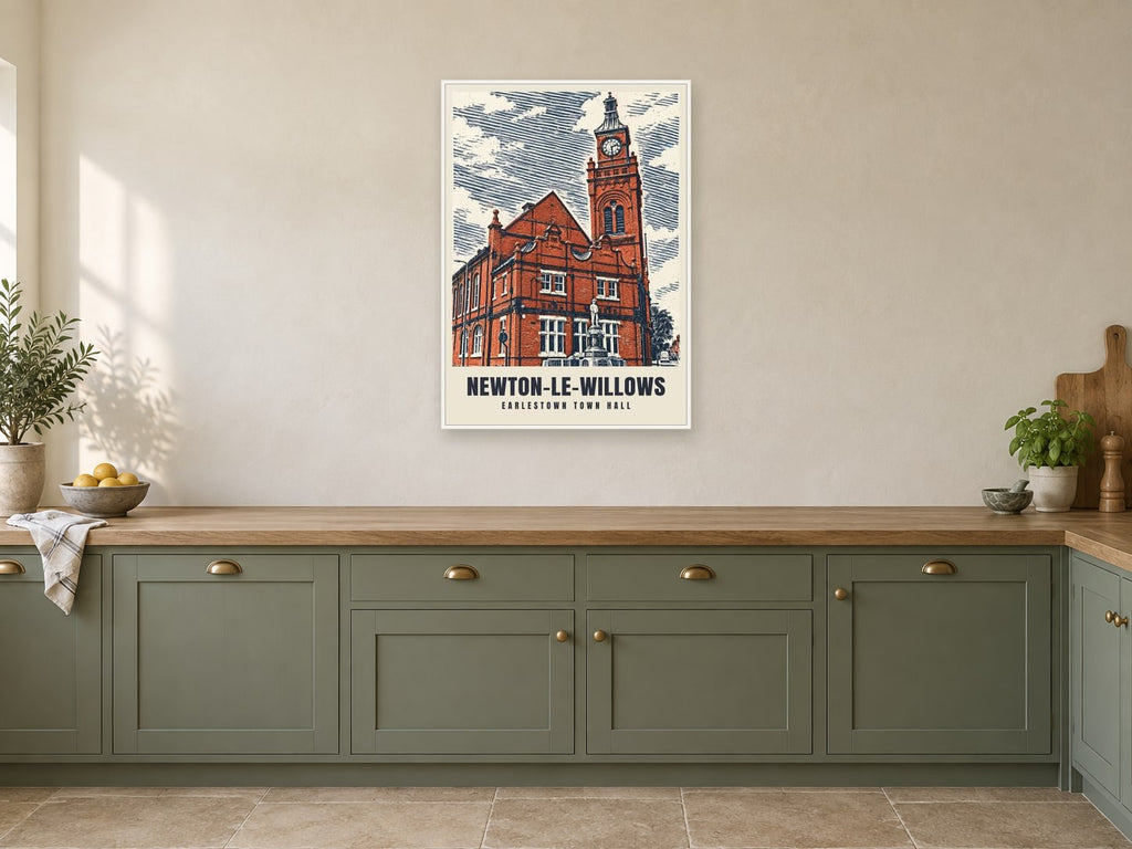 Earlestown Town Hall, Newton-le-Willows Poster at A1, in a white frame, in a kitchen