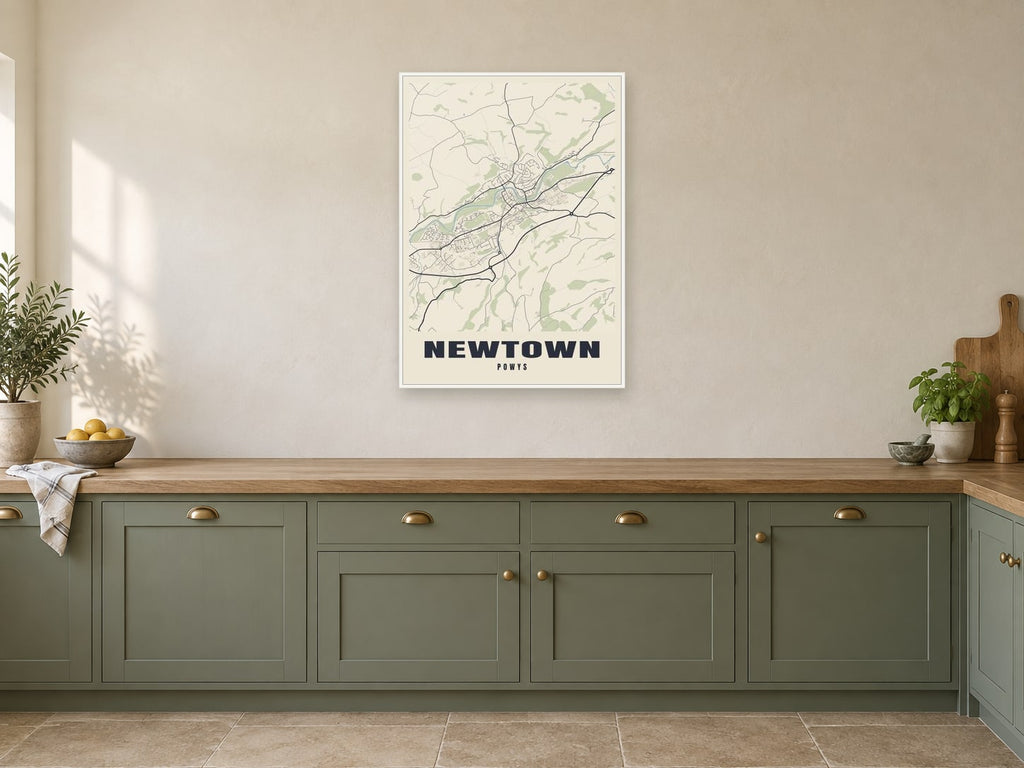 Newtown Street Map Poster at A1, in a white frame, in a kitchen