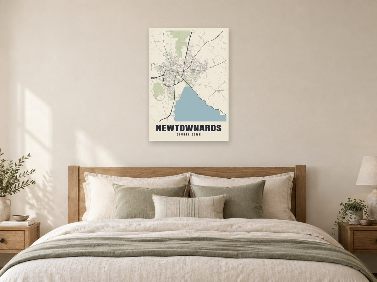 Newtownards Street Map Poster at A1, as a poster, above a bed