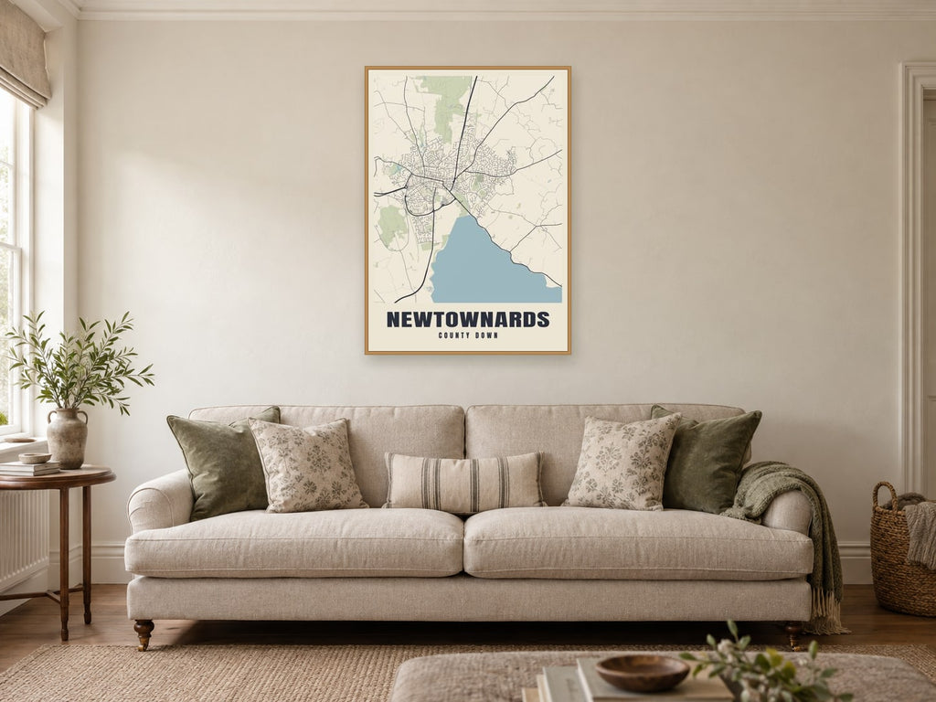 Newtownards Street Map Poster at A1, in a natural wood frame, in a sitting room