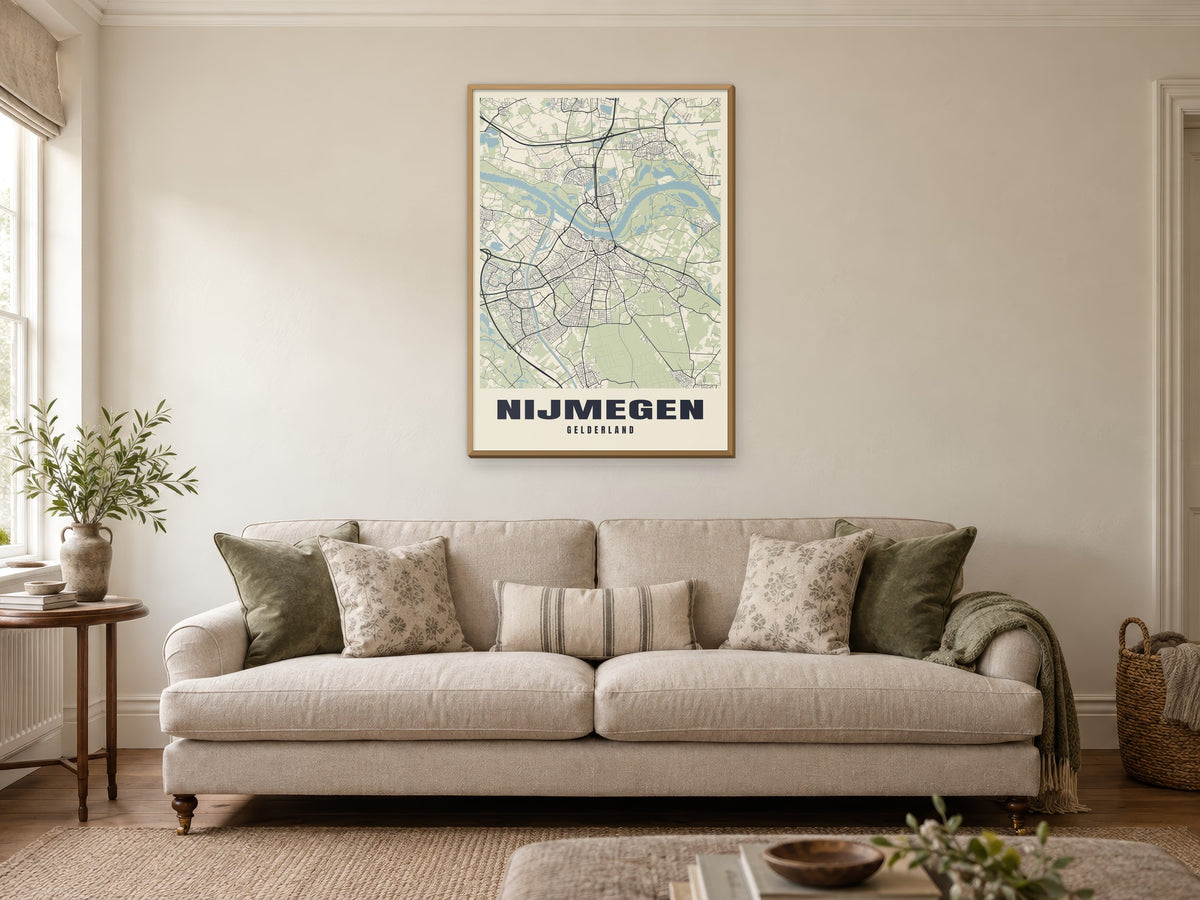 Nijmegen Street Map Poster at A1, in a natural wood frame, in a sitting room