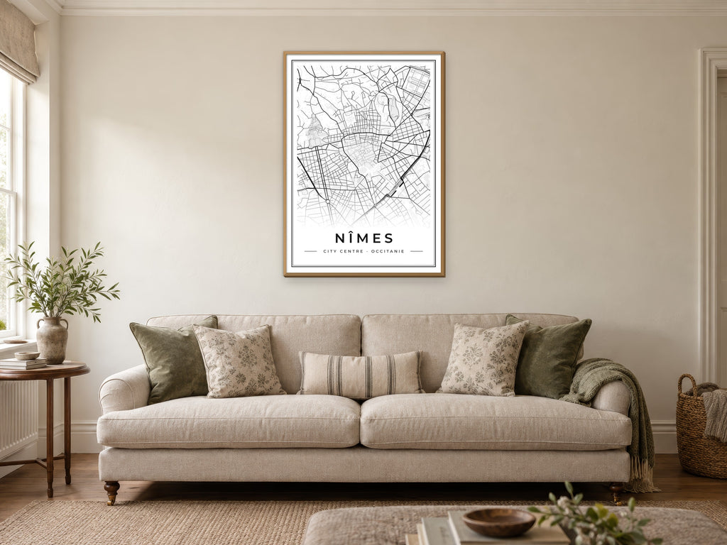 Nîmes City Centre Street Map Poster at A1, in a natural wood frame, in a sitting room