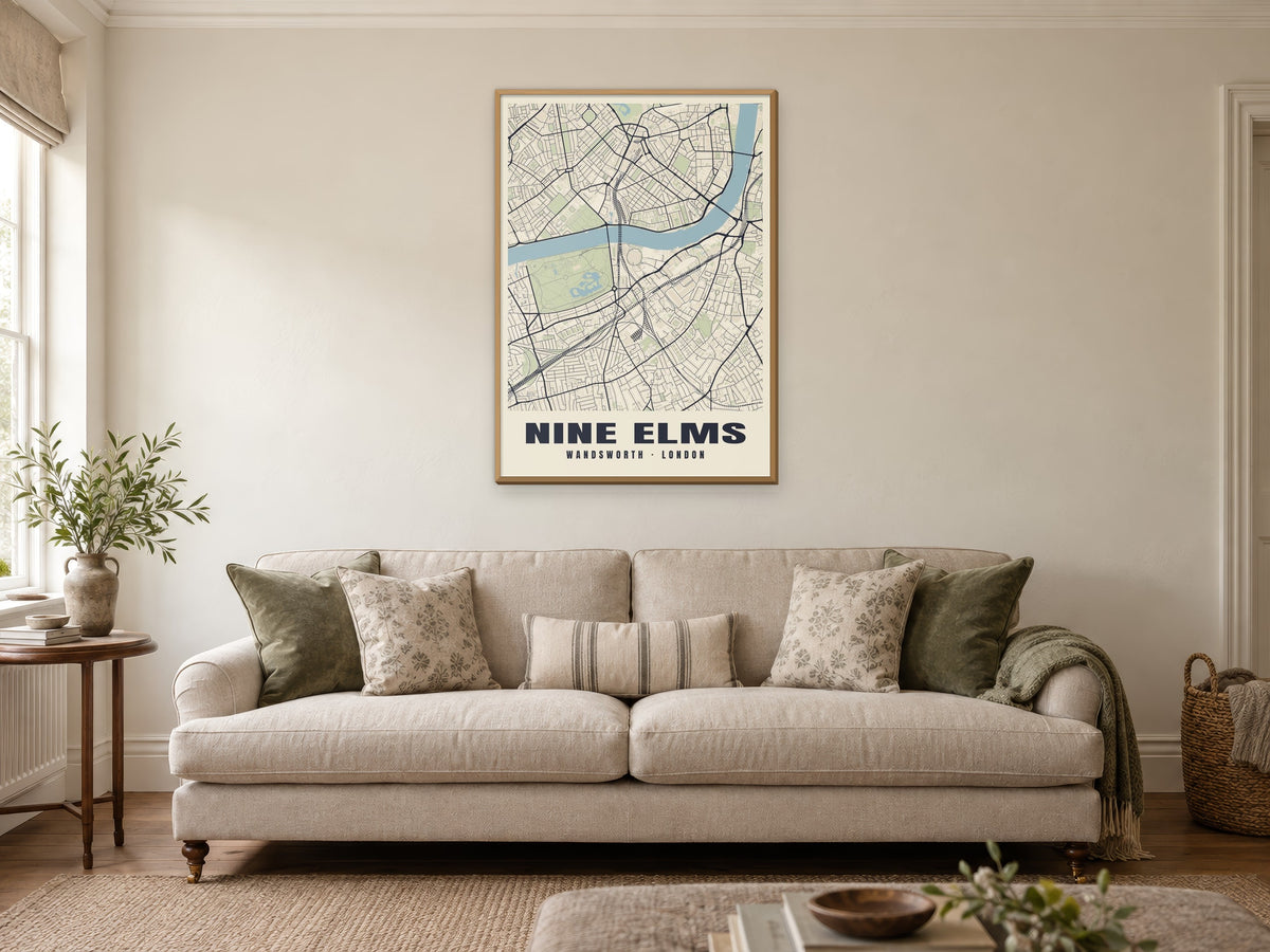 Nine Elms Heritage Street Map Poster at A1, in a natural wood frame, in a sitting room
