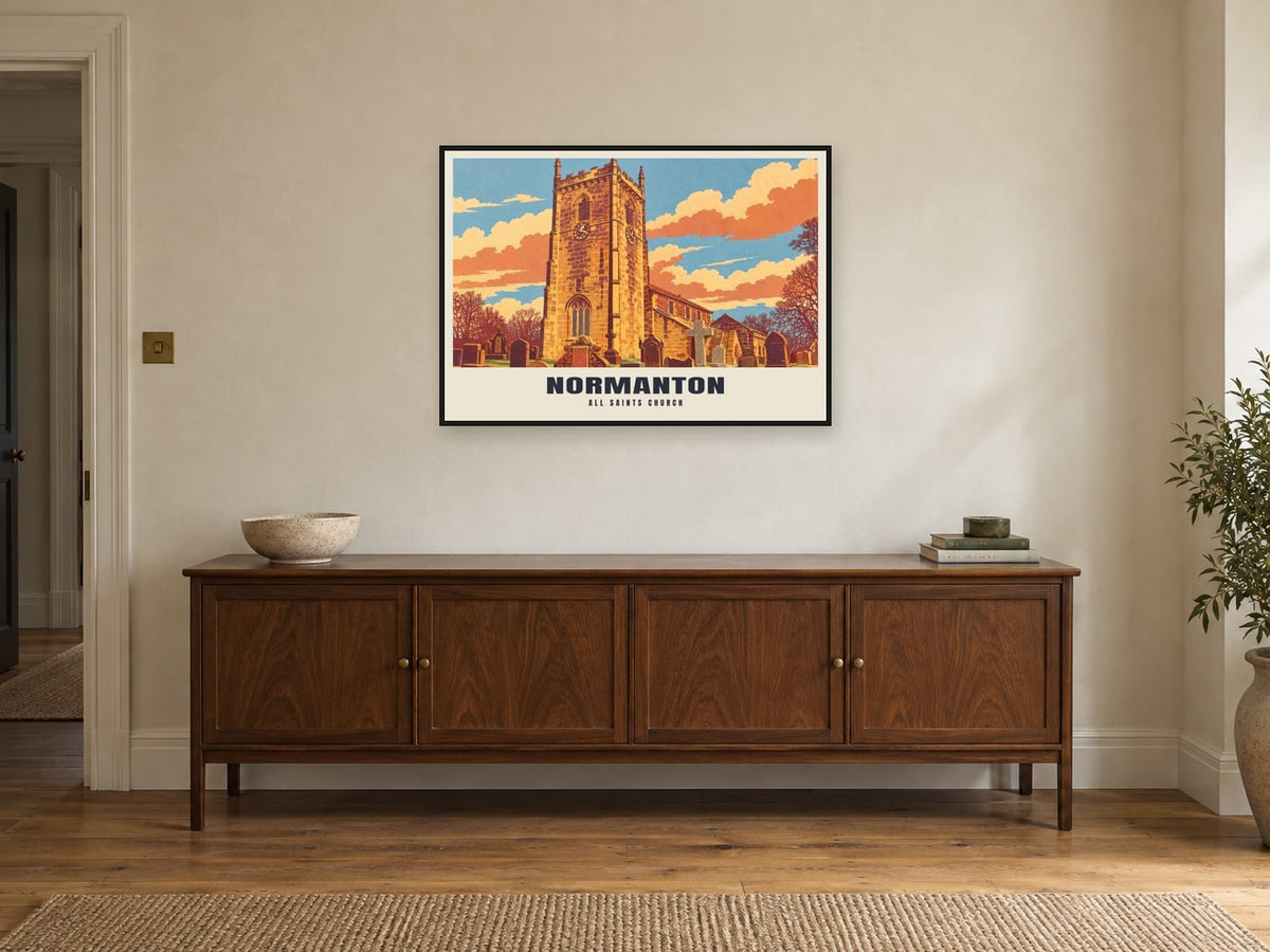 All Saints Church, Normanton Poster at A1, in a black frame, above a sideboard