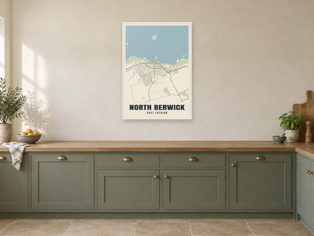 North Berwick Street Map Poster at A1, in a white frame, in a kitchen