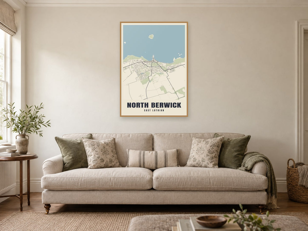 North Berwick Street Map Poster at A1, in a natural wood frame, in a sitting room