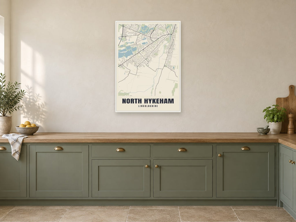 North Hykeham Street Map Poster at A1, in a white frame, in a kitchen