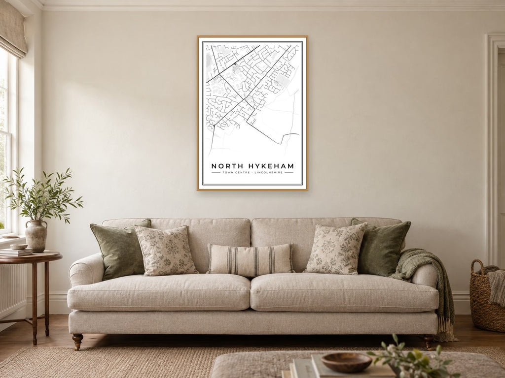 North Hykeham Town Centre Street Map Poster at A1, in a natural wood frame, in a sitting room