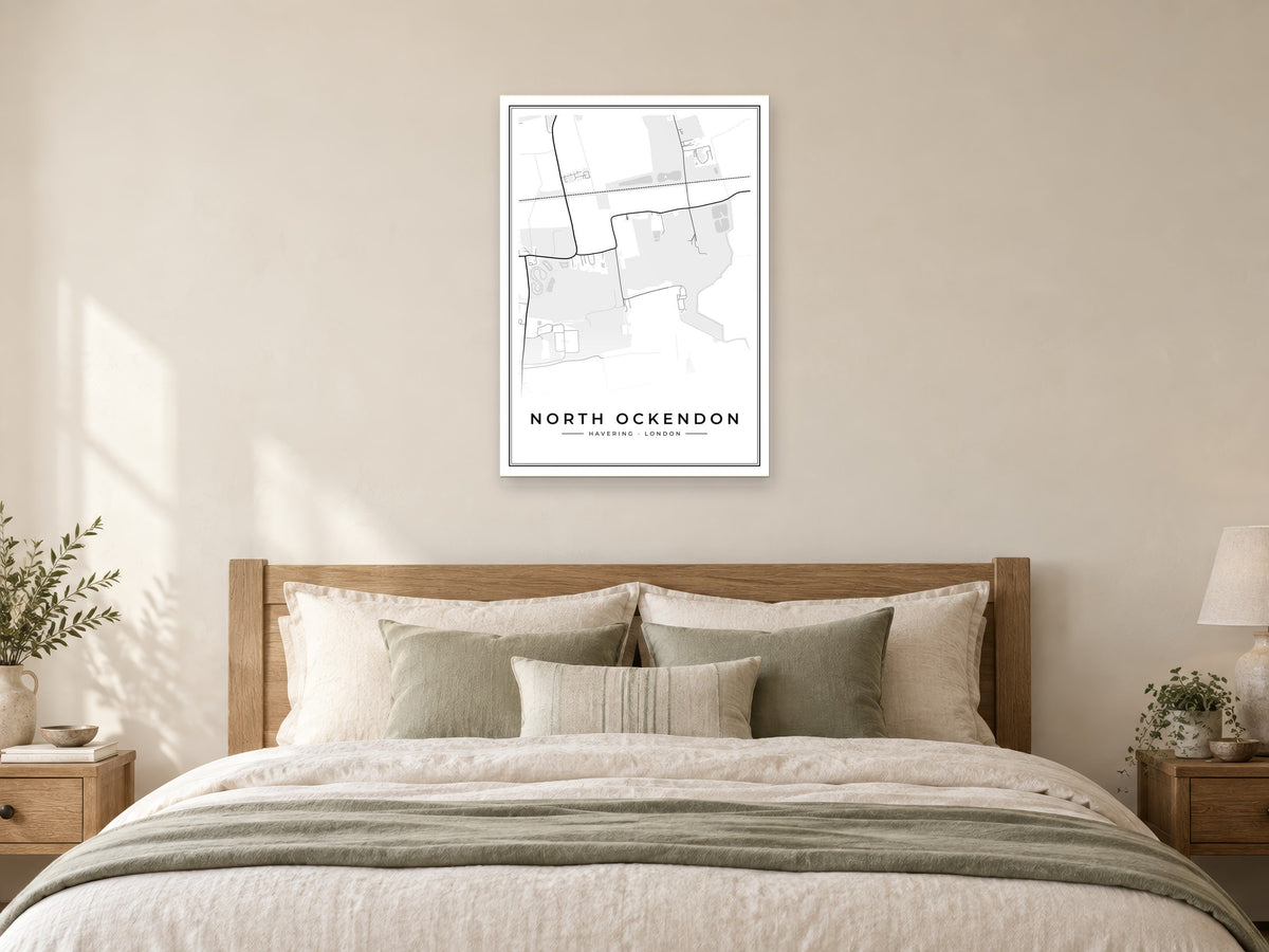North Ockendon Street Map Poster at A1, as a poster, above a bed