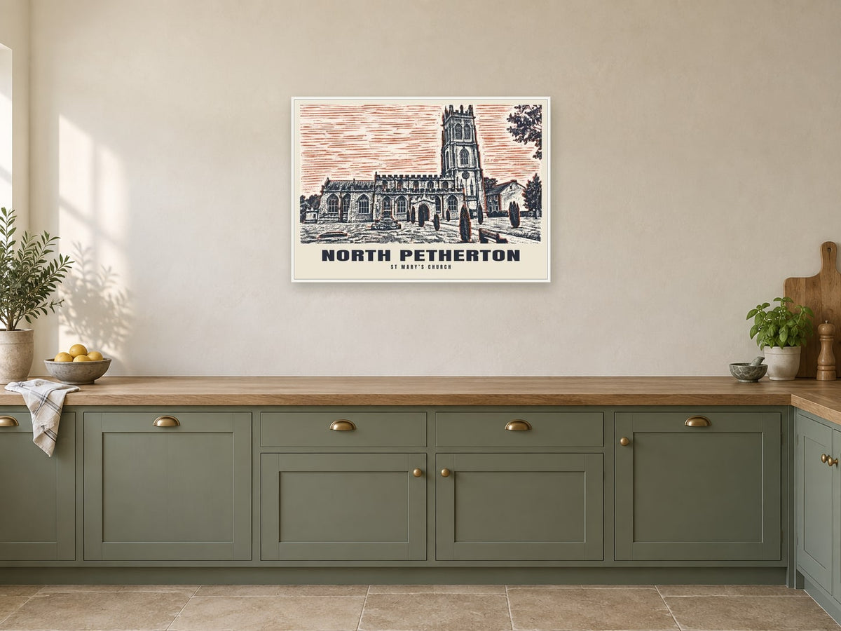 St Mary’s Church, North Petherton Poster at A1, in a white frame, in a kitchen