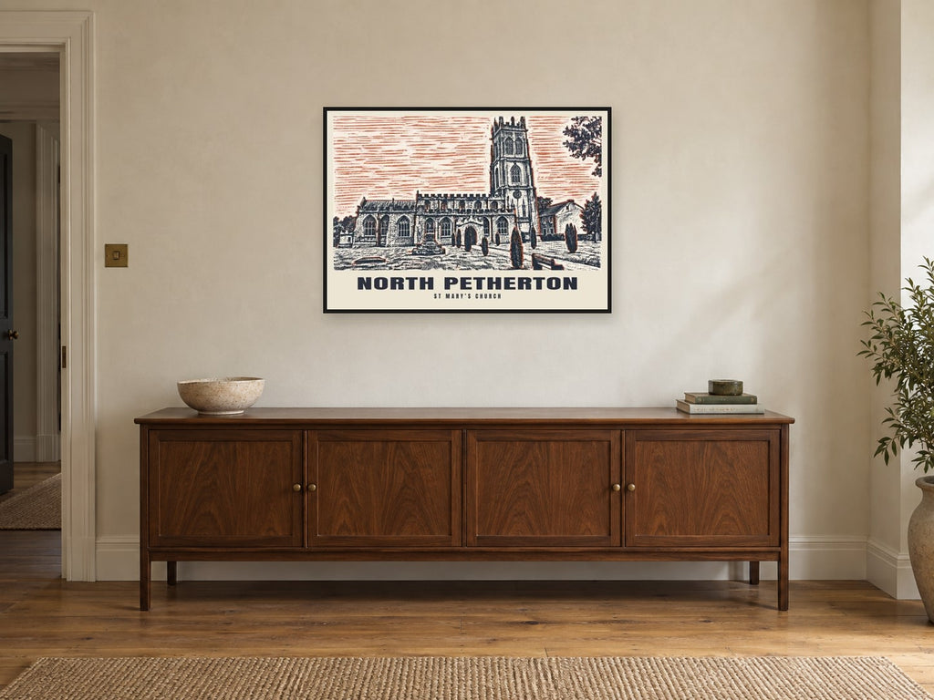 St Mary’s Church, North Petherton Poster at A1, in a black frame, above a sideboard