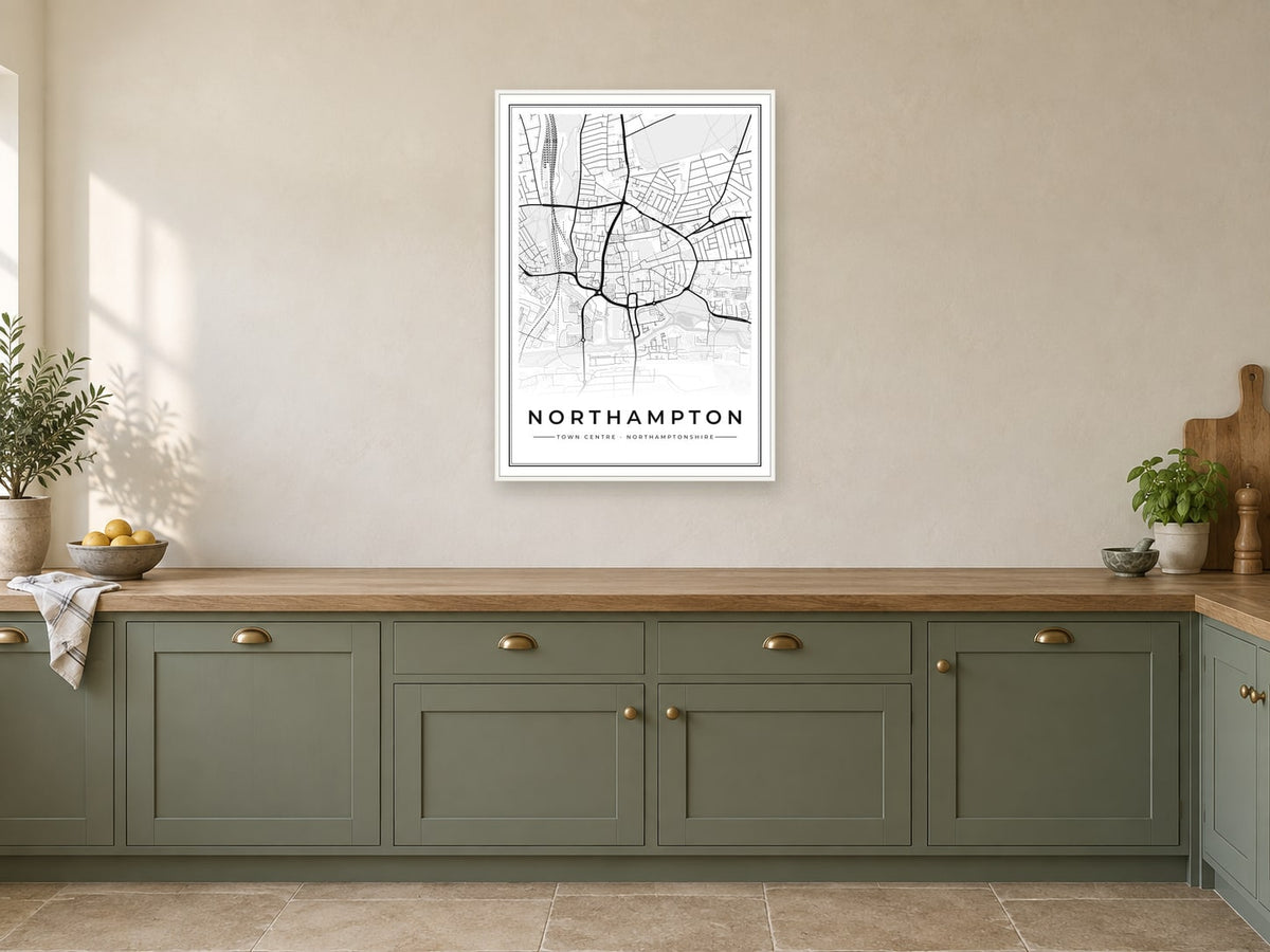 Northampton Town Centre Street Map Poster at A1, in a white frame, in a kitchen