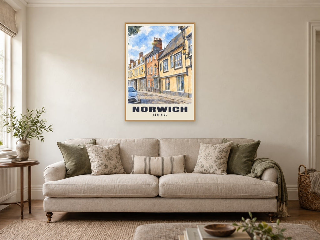 Elm Hill, Norwich Poster at A1, in a natural wood frame, in a sitting room