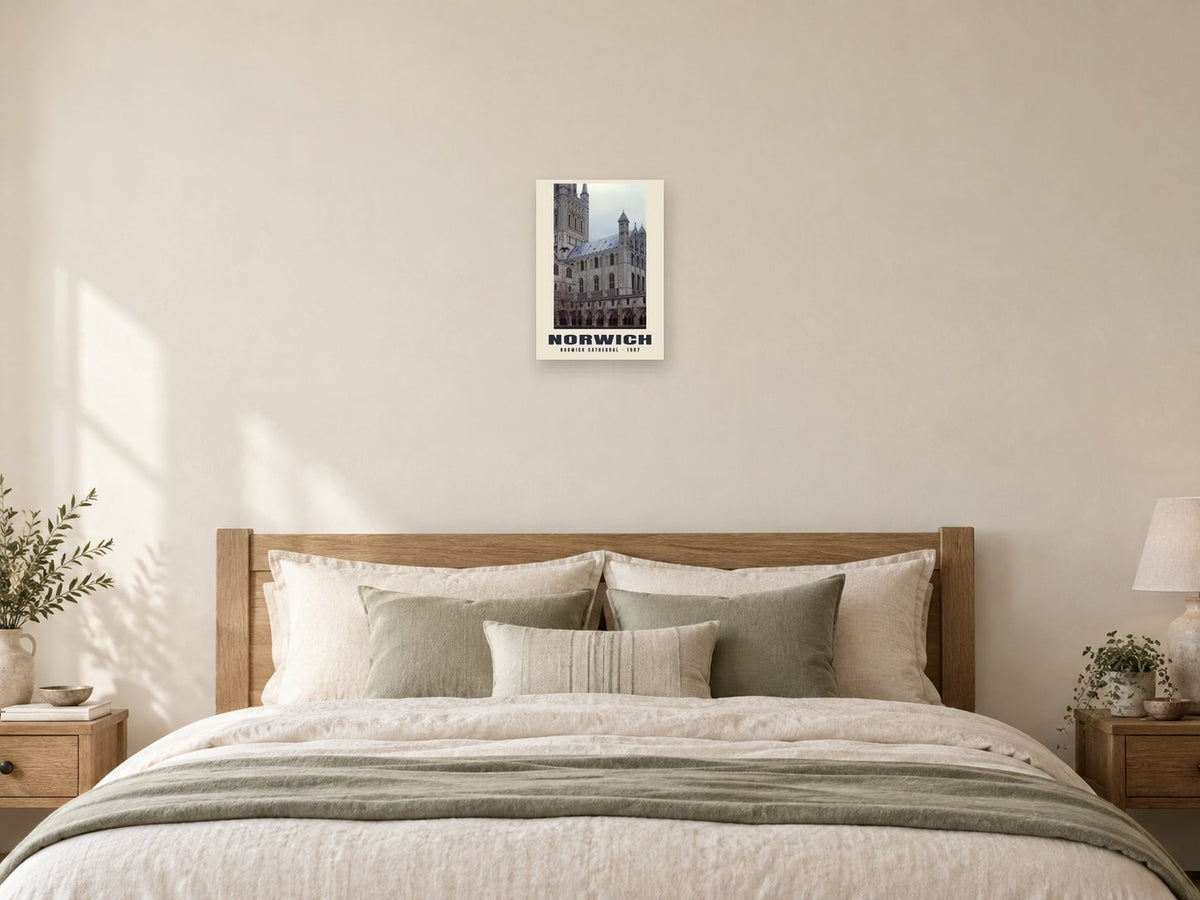 Norwich Cathedral, 1987 Heritage Print at A3, as a poster, above a bed