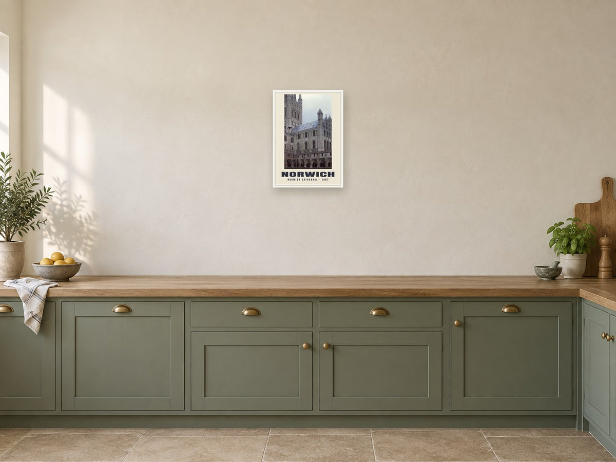 Norwich Cathedral, 1987 Heritage Print at A3, in a white frame, in a kitchen