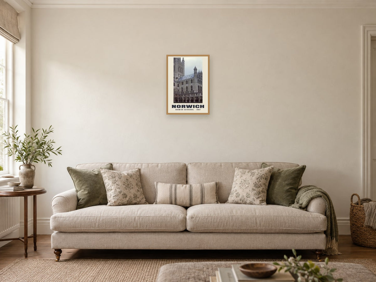 Norwich Cathedral, 1987 Heritage Print at A3, in a natural wood frame, in a sitting room