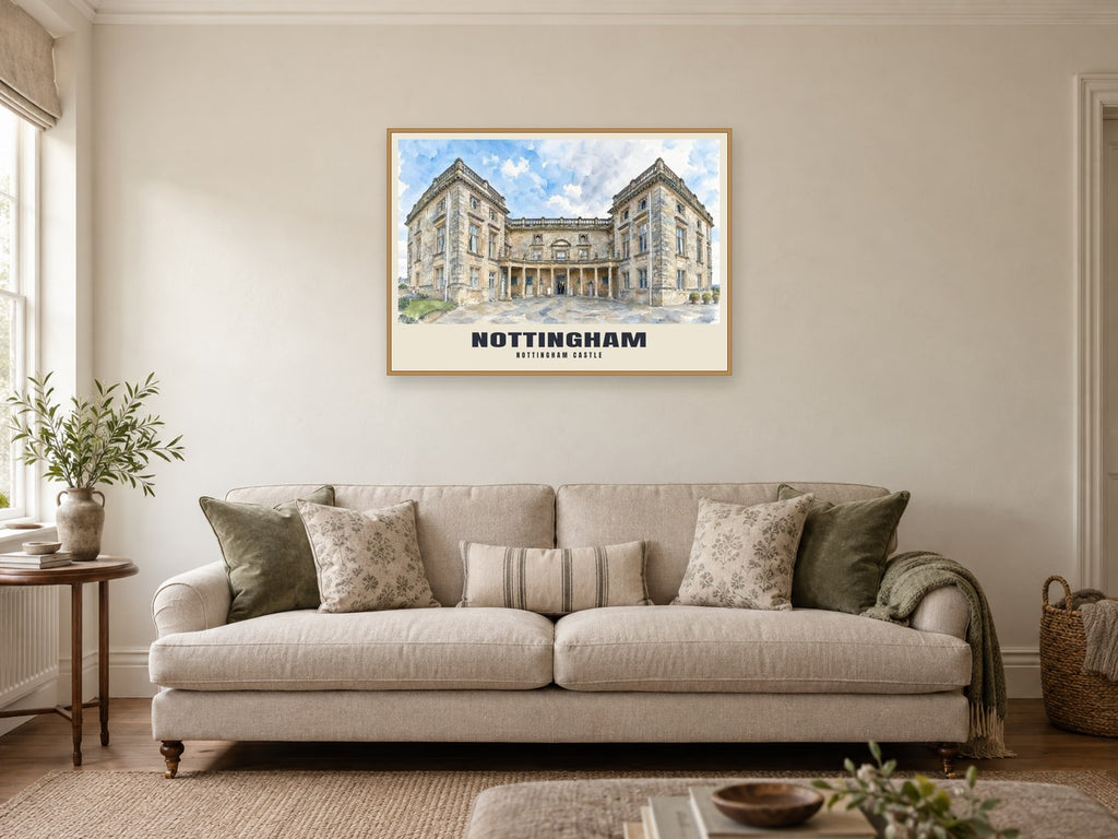 Nottingham Castle Poster at A1, in a natural wood frame, in a sitting room