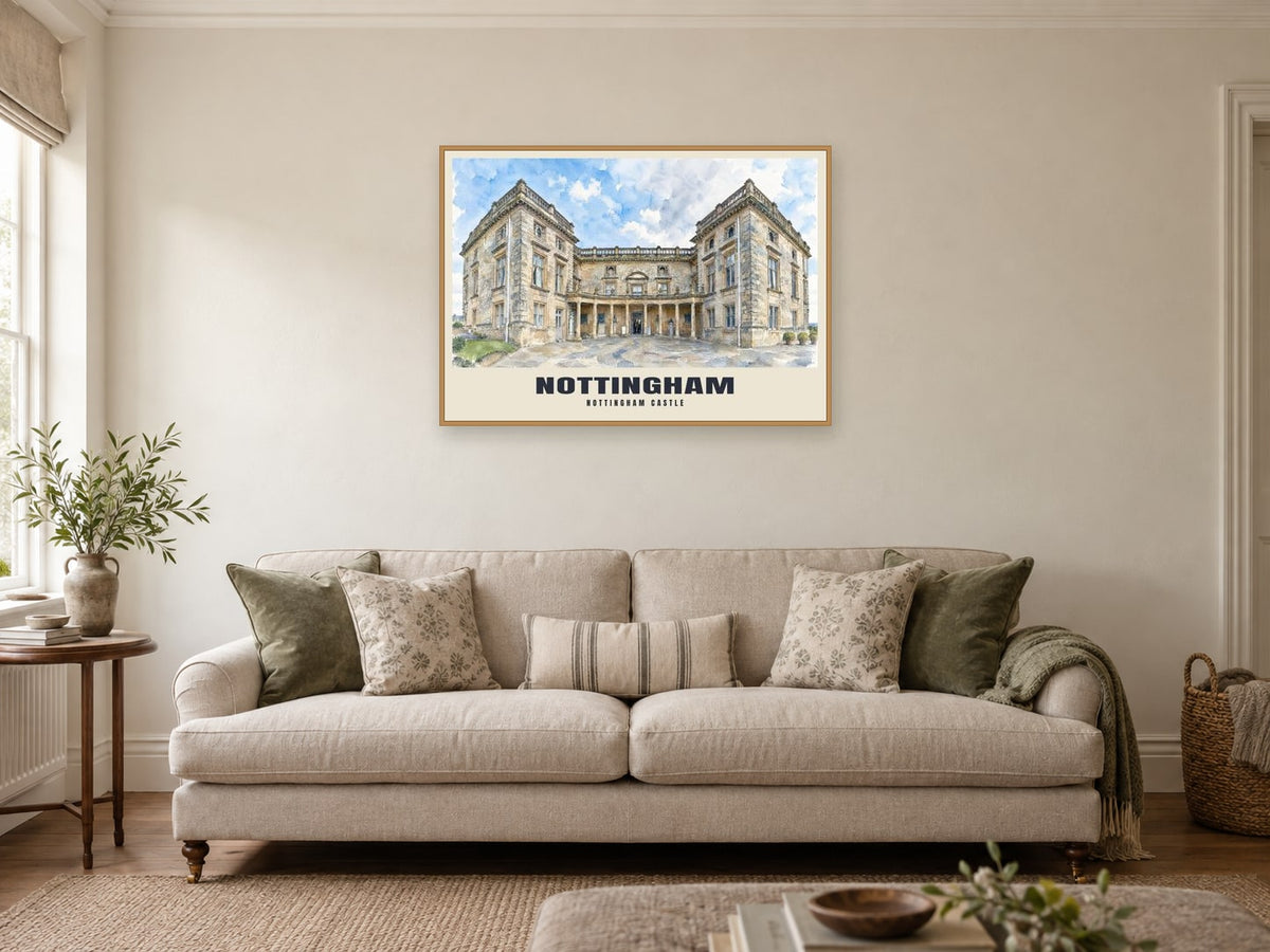 Nottingham Castle Poster at A1, in a natural wood frame, in a sitting room