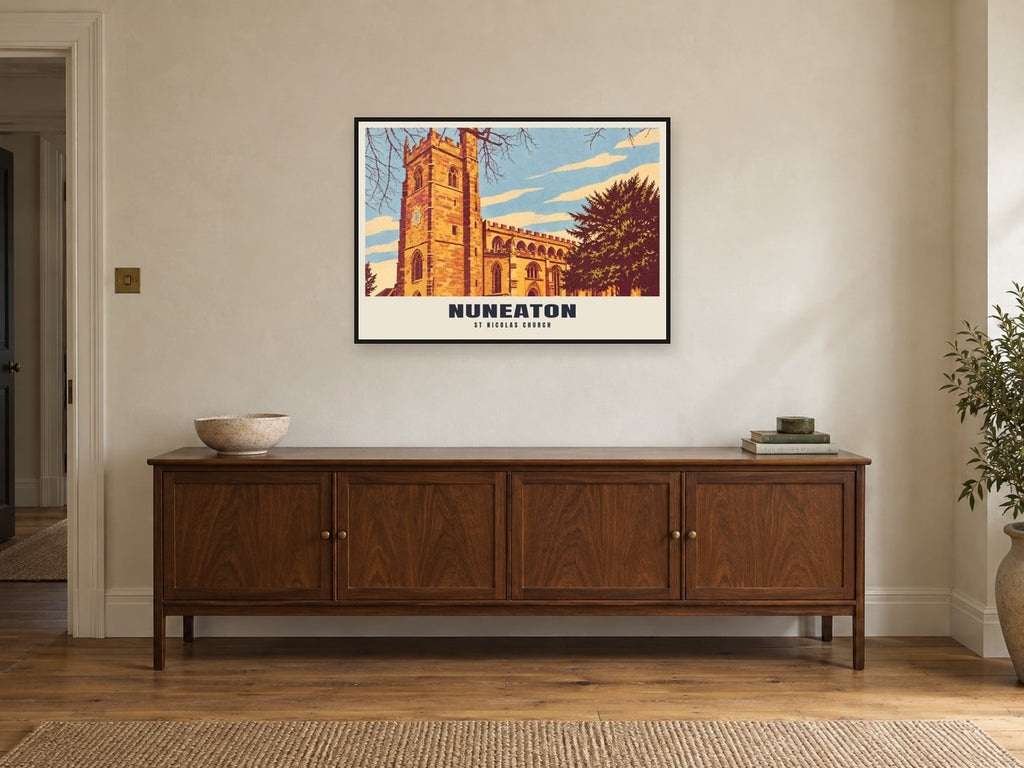 St Nicolas Church, Nuneaton Poster at A1, in a black frame, above a sideboard