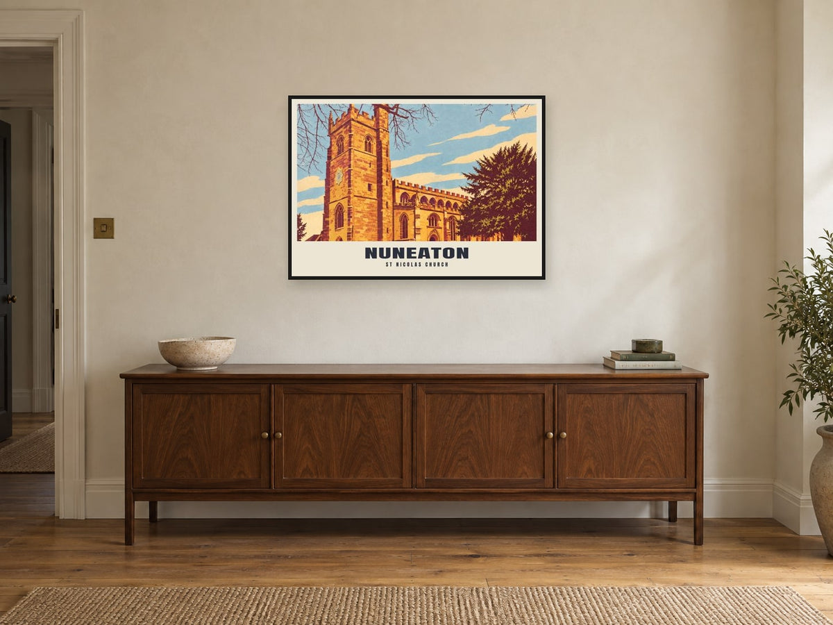 St Nicolas Church, Nuneaton Poster at A1, in a black frame, above a sideboard