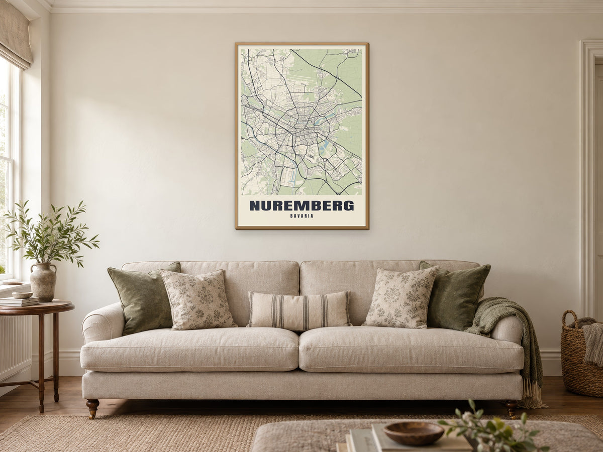 Nuremberg Street Map Poster at A1, in a natural wood frame, in a sitting room