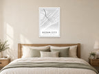Ocean City Downtown Street Map Poster at A1, as a poster, above a bed