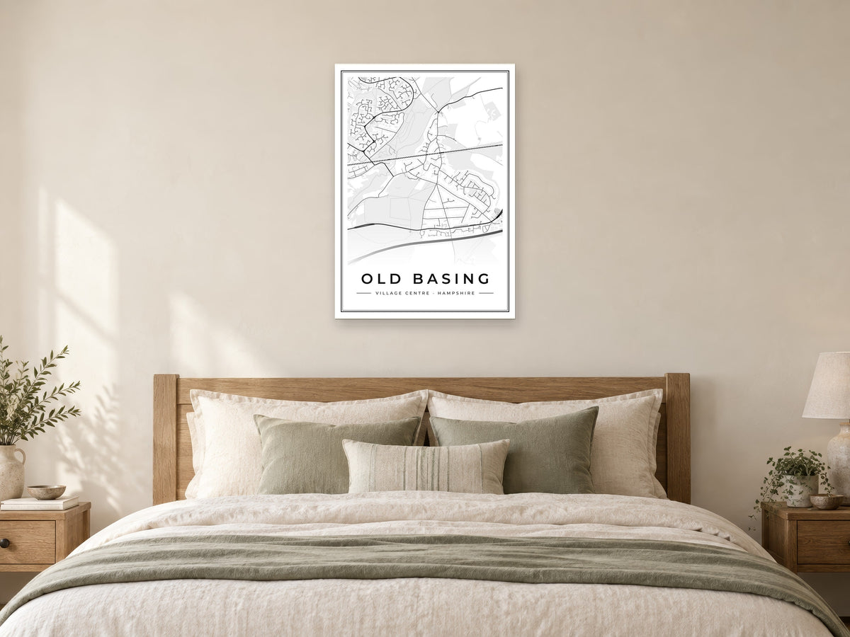 Old Basing Village Centre Street Map Poster at A1, as a poster, above a bed