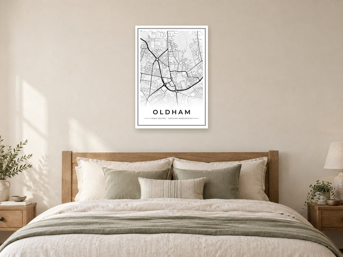 Oldham Town Centre Street Map Poster at A1, as a poster, above a bed