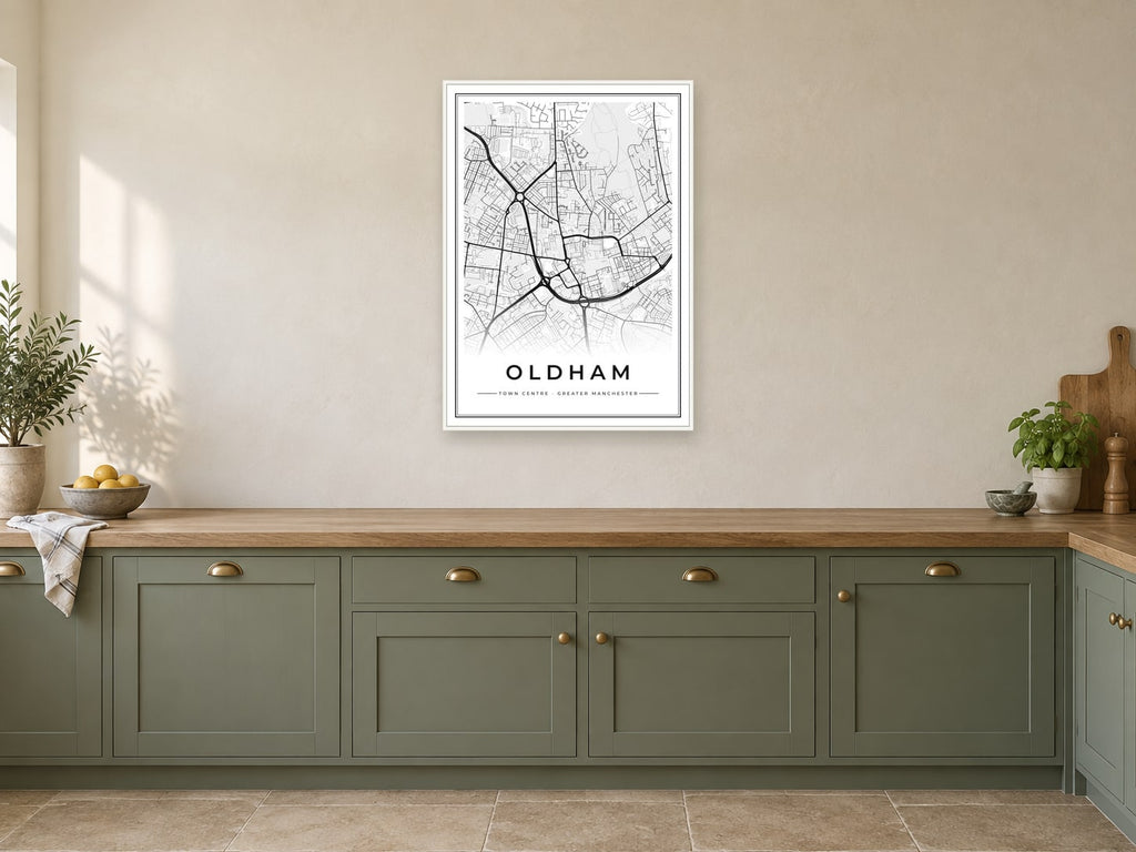 Oldham Town Centre Street Map Poster at A1, in a white frame, in a kitchen