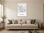 Oldham Town Centre Street Map Poster at A1, in a natural wood frame, in a sitting room