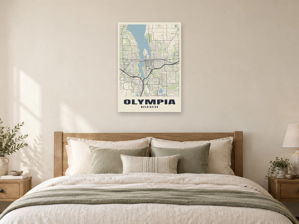 Olympia Street Map Poster at A1, as a poster, above a bed