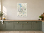 Olympia Street Map Poster at A1, in a white frame, in a kitchen