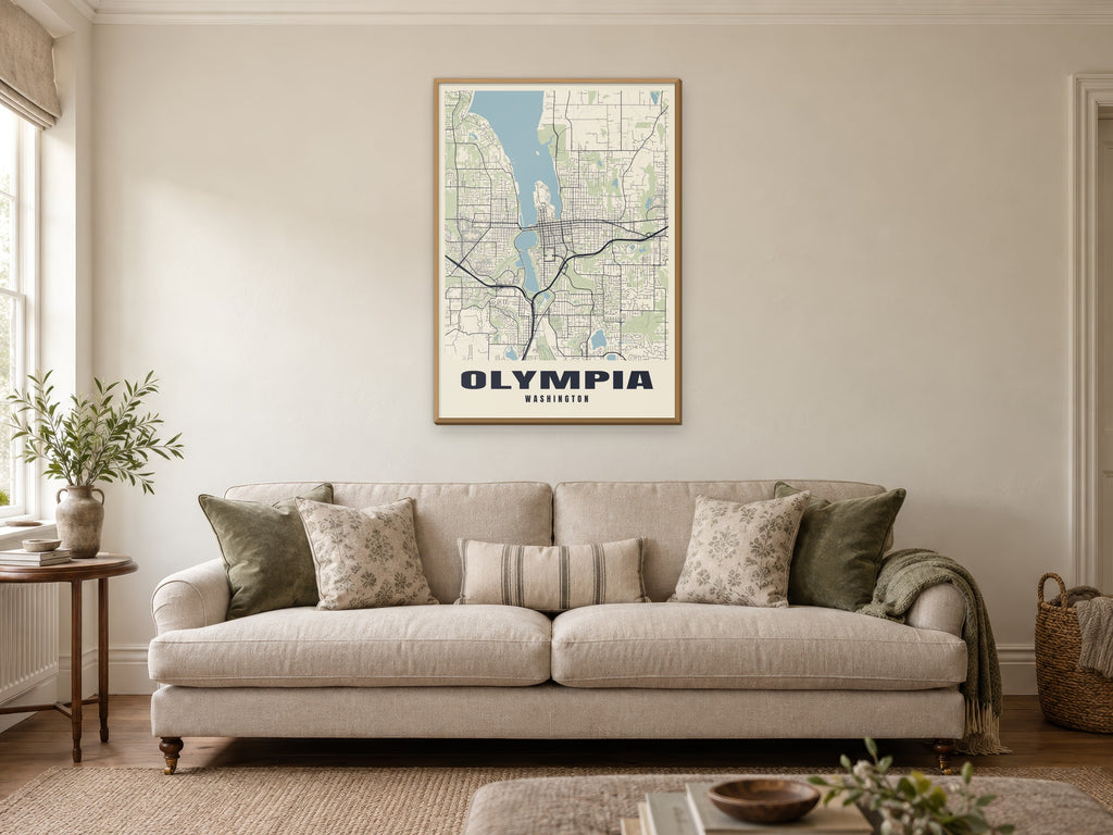 Olympia Street Map Poster at A1, in a natural wood frame, in a sitting room
