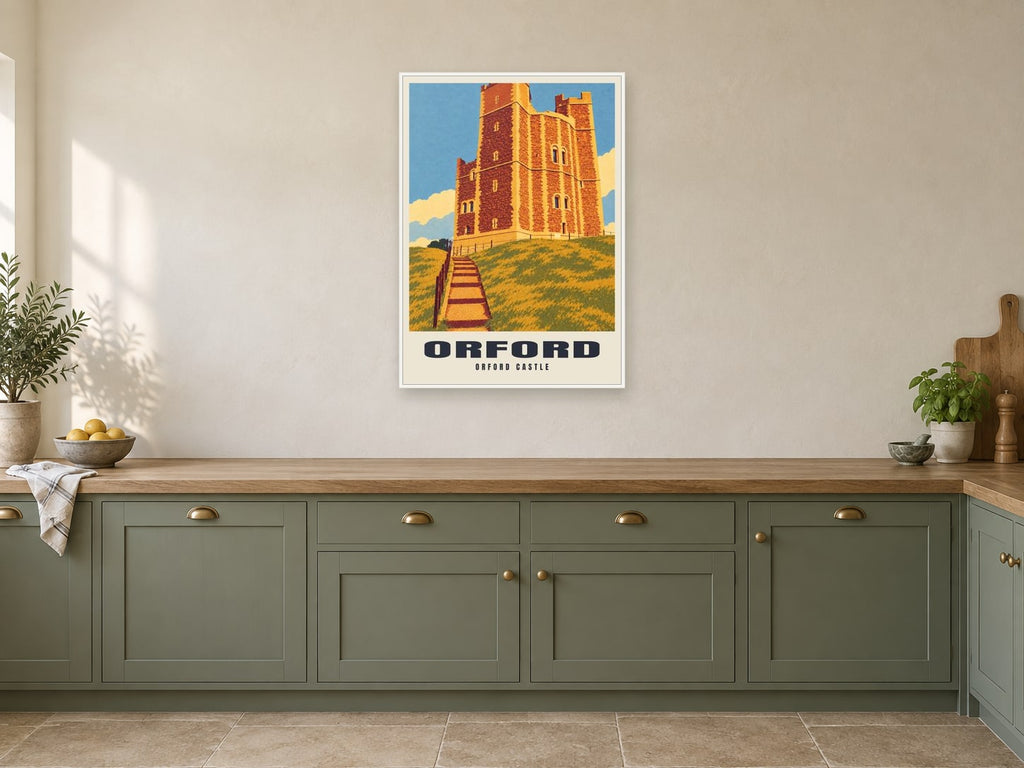 Orford Castle Poster at A1, in a white frame, in a kitchen