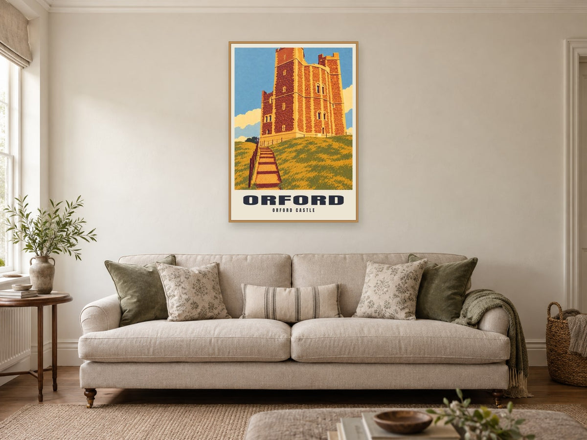 Orford Castle Poster at A1, in a natural wood frame, in a sitting room