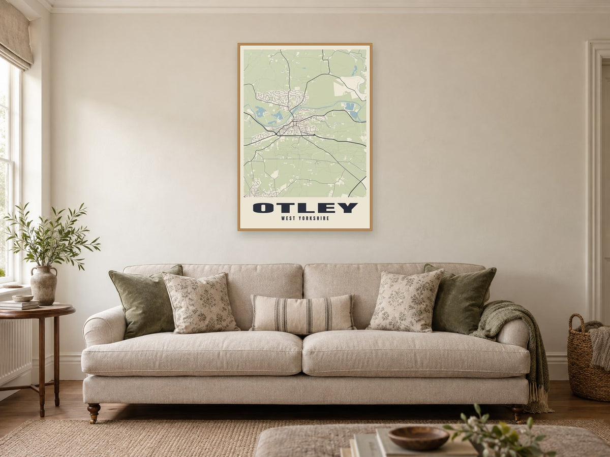 Otley Street Map Poster at A1, in a natural wood frame, in a sitting room