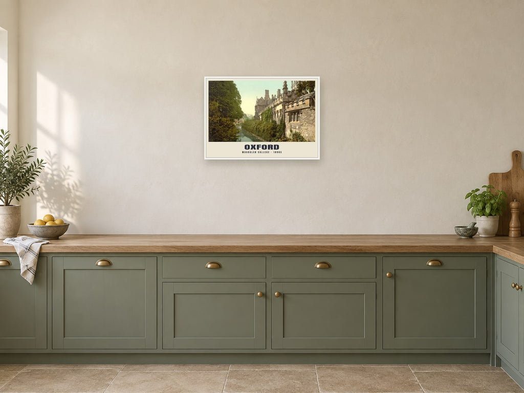 Magdalen College, Oxford, 1890s Heritage Print at A2, in a white frame, in a kitchen