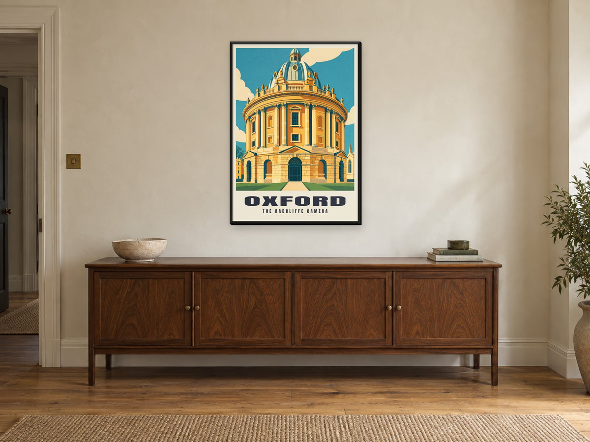 The Radcliffe Camera, Oxford Poster at A1, in a black frame, above a sideboard