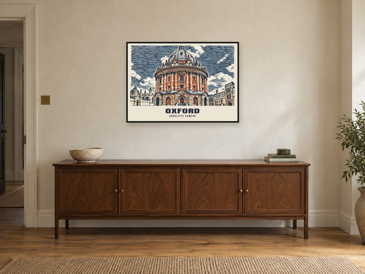 The Radcliffe Camera, Oxford Poster at A1, in a black frame, above a sideboard