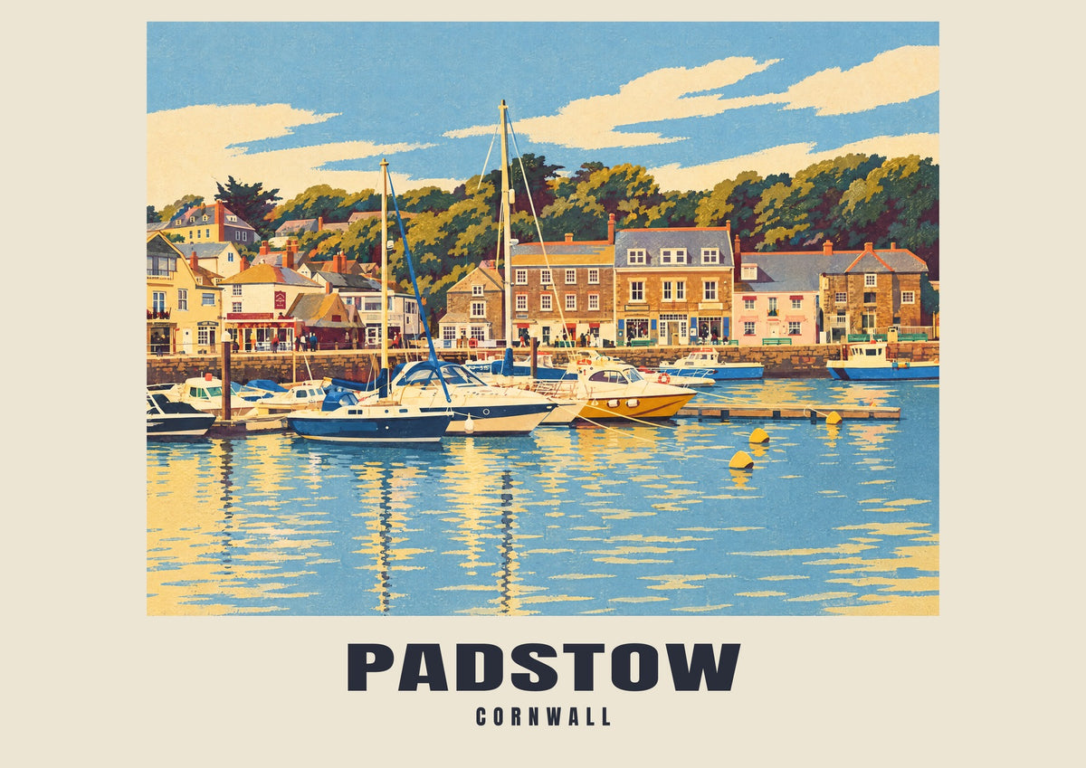 Padstow Retro Railway art print with PADSTOW and CORNWALL name band