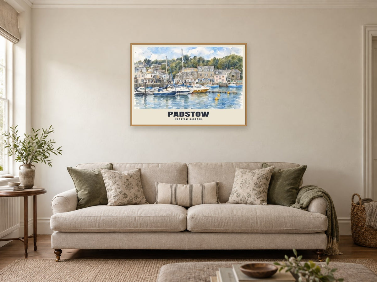 Padstow Harbour Poster at A1, in a natural wood frame, in a sitting room
