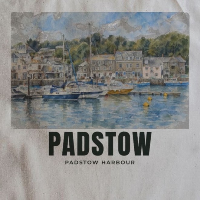 Close-up of the Padstow Harbour drawing and lettering printed on natural cotton