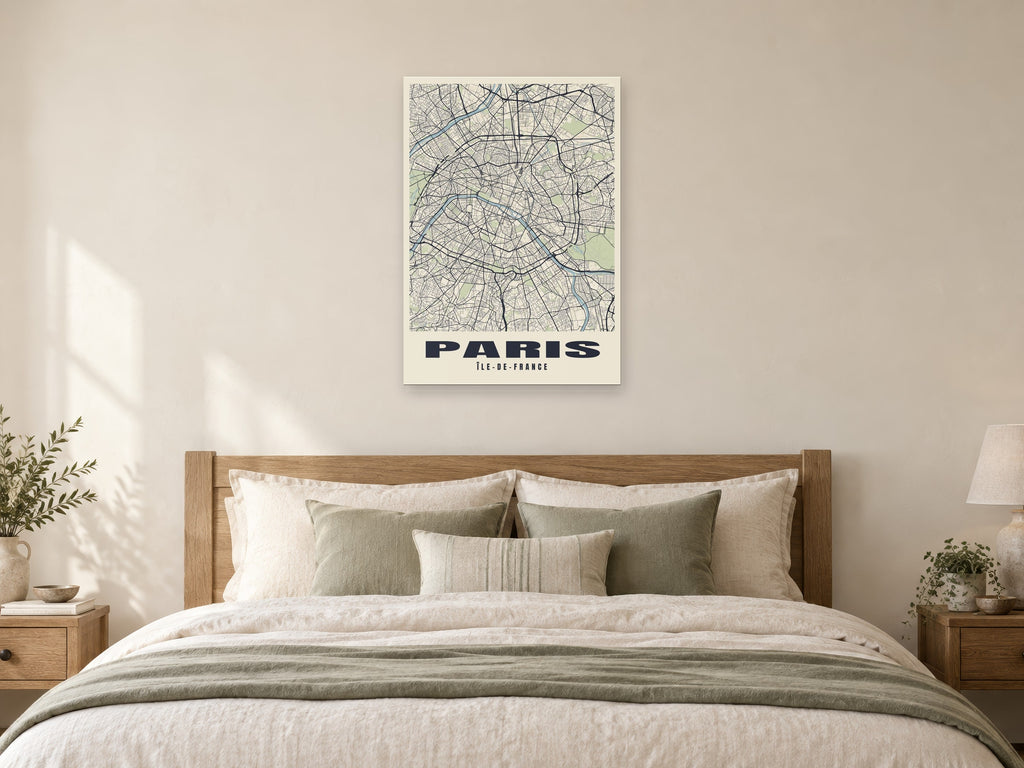 Paris Street Map Poster at A1, as a poster, above a bed