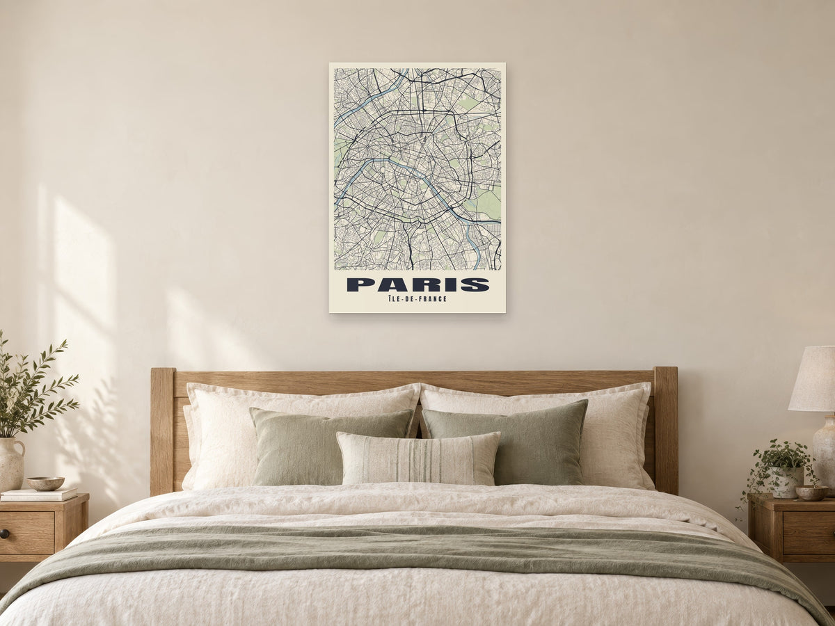 Paris Street Map Poster at A1, as a poster, above a bed