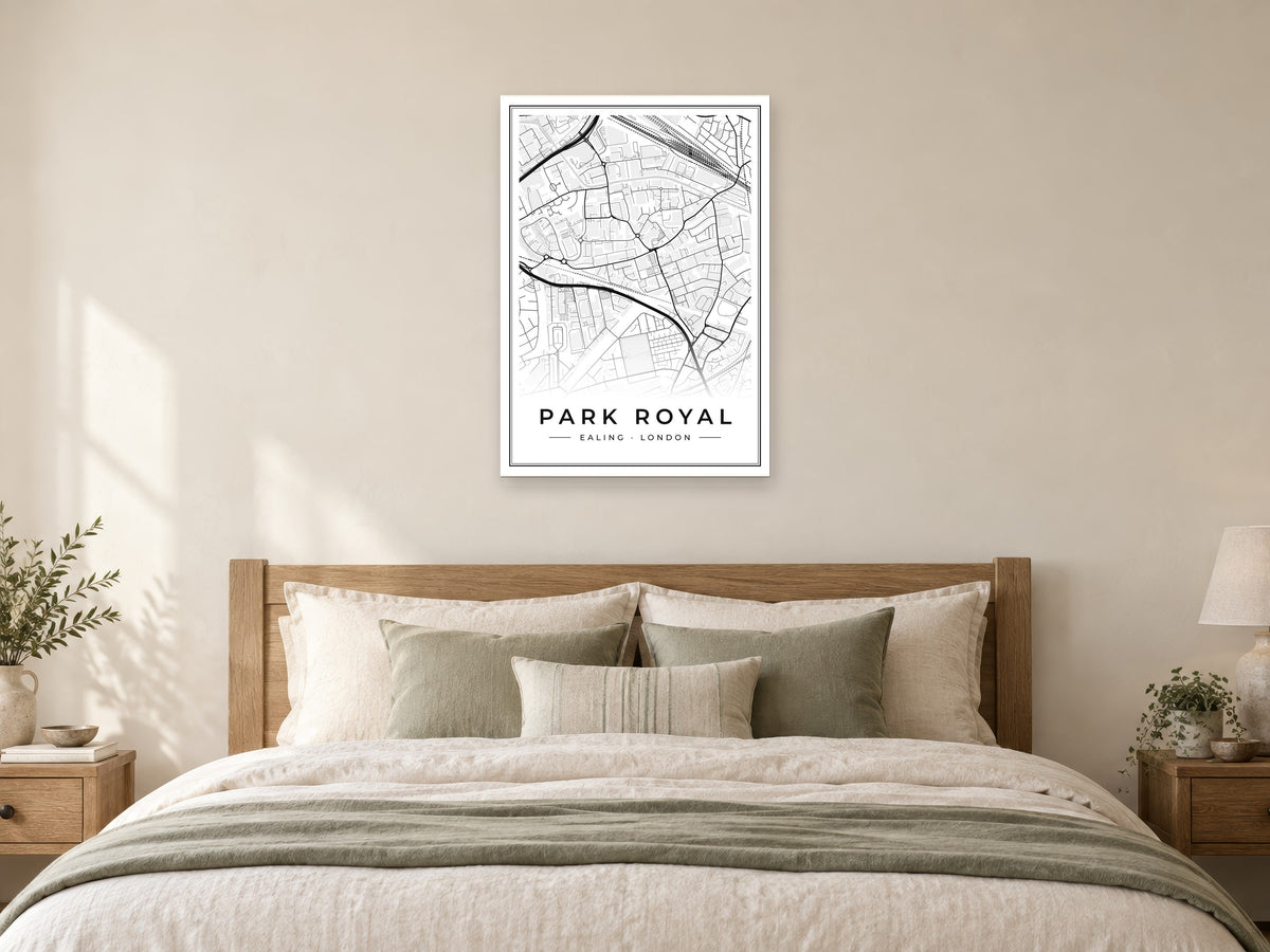 Park Royal Street Map Poster at A1, as a poster, above a bed