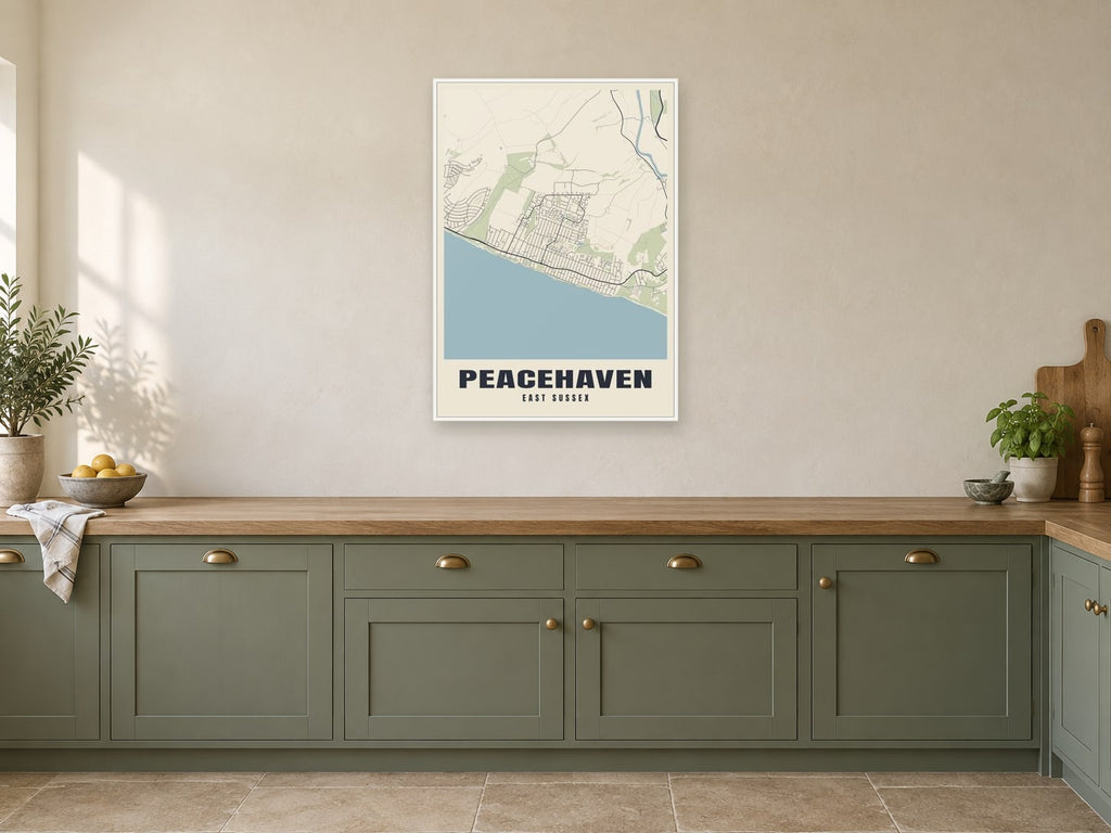 Peacehaven Street Map Poster at A1, in a white frame, in a kitchen