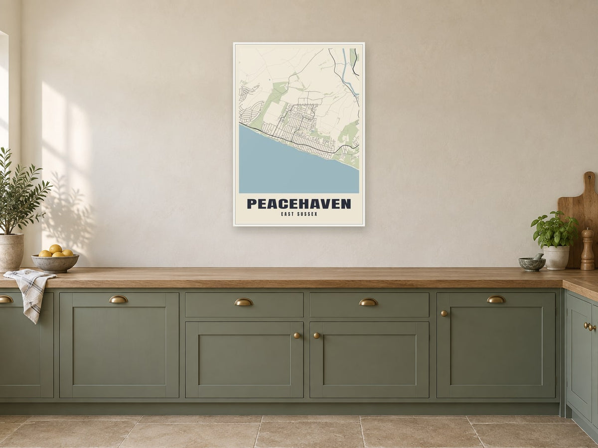 Peacehaven Street Map Poster at A1, in a white frame, in a kitchen